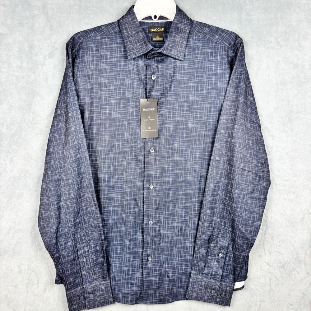Haggar Mens Navy Blue Crosshatch 4-Way Stretch Button Down Shirt HAGWUN145BG M